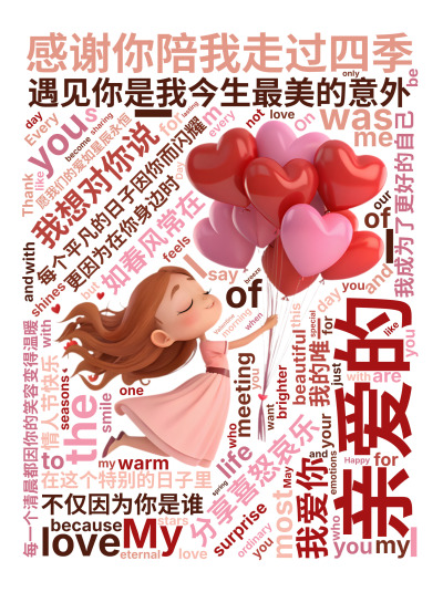 标签云:亲爱的,遇见你是我今生最美的意外,每个平凡的日子因你而闪耀,每一个清晨都因你的笑容变得温暖,感谢你陪我走过四季,分享喜怒哀乐,在这个特别的日,文字词云图-wenziyun.cn