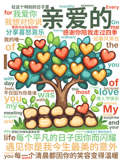 标签云:亲爱的,遇见你是我今生最美的意外,每个平凡的日子因你而闪耀,每一个清晨都因你的笑容变得温暖,感谢你陪我走过四季,分享喜怒哀乐,在这个特别的日,文字词云图-wenziyun.cn