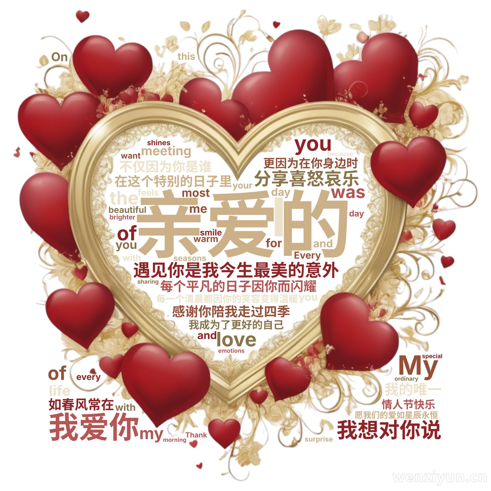 亲爱的,遇见你是我今生最美的意外,每个平凡的日子因你而闪耀,每一个清晨都因你的笑容变得温暖,感谢你陪我走过四季,分享喜怒哀乐,在这个特别的日,文字词云图-wenziyun.cn
