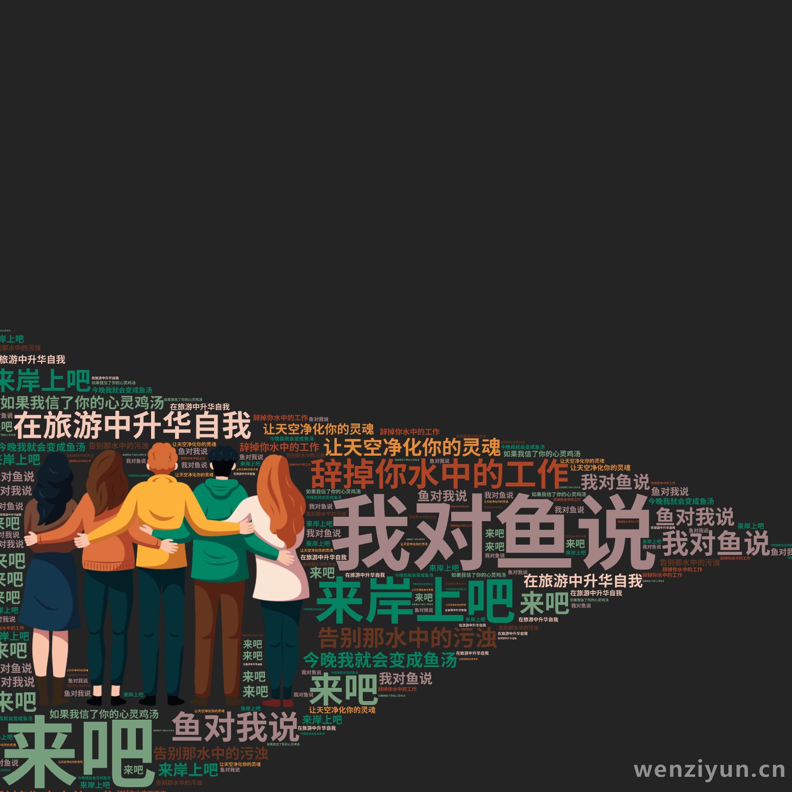 我对鱼说,来吧,来岸上吧,辞掉你水中的工作,在旅游中升华自我,告别那水中的污浊,让天空净化你的灵魂,鱼对我说,如果我信了你的心灵鸡汤,今晚我,文字词云图-wenziyun.cn