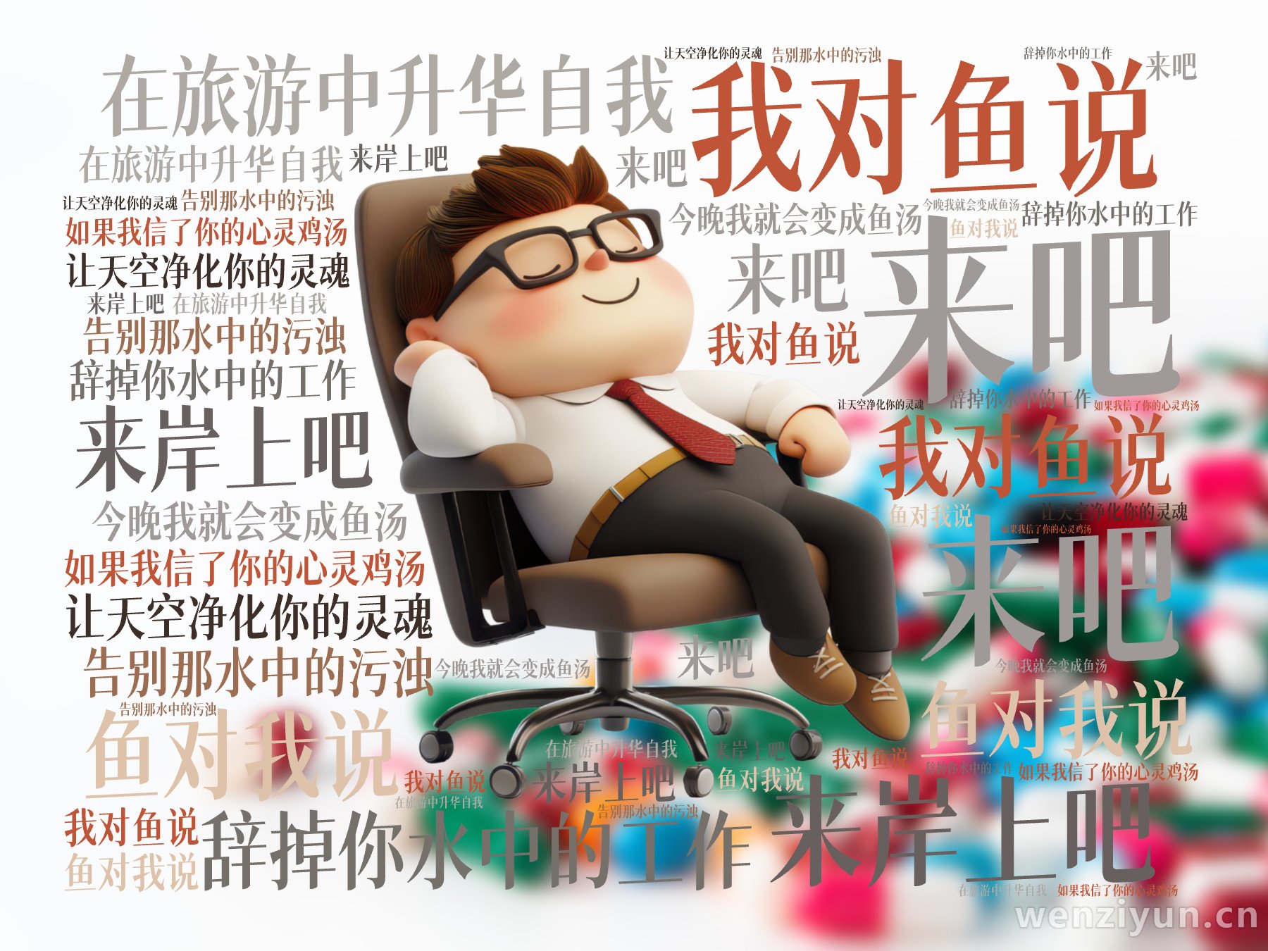 我对鱼说,来吧,来岸上吧,辞掉你水中的工作,在旅游中升华自我,告别那水中的污浊,让天空净化你的灵魂,鱼对我说,如果我信了你的心灵鸡汤,今晚我,文字词云图-wenziyun.cn