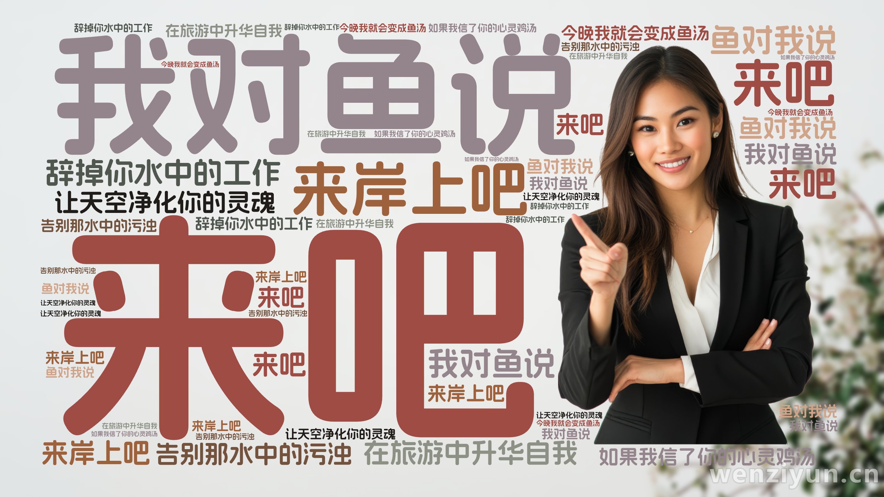 我对鱼说,来吧,来岸上吧,辞掉你水中的工作,在旅游中升华自我,告别那水中的污浊,让天空净化你的灵魂,鱼对我说,如果我信了你的心灵鸡汤,今晚我,文字词云图-wenziyun.cn