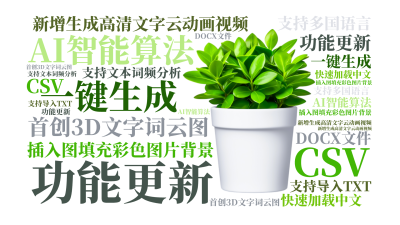 功能更新,新增生成高清文字云动画视频,插入图填充彩色图片背景,首创3D文字词云图,AI智能算法,一键生成,支持多国语言,快速加载中文,支持文,生成的3D文字词云图-wenziyun.cn