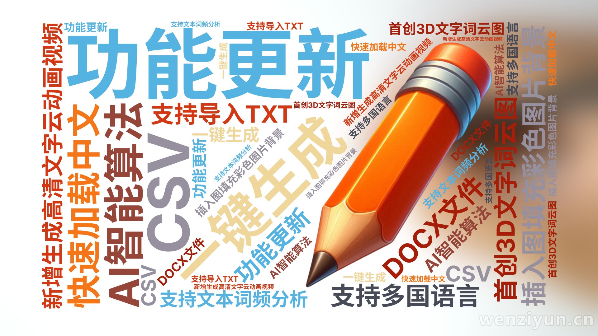 功能更新,新增生成高清文字云动画视频,插入图填充彩色图片背景,首创3D文字词云图,AI智能算法,一键生成,支持多国语言,快速加载中文,支持文,文字词云图-wenziyun.cn