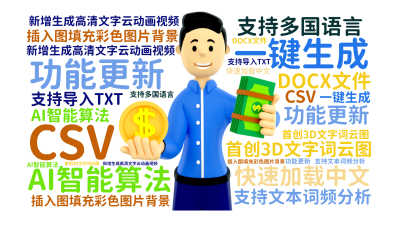 功能更新,新增生成高清文字云动画视频,插入图填充彩色图片背景,首创3D文字词云图,AI智能算法,一键生成,支持多国语言,快速加载中文,支持文,生成的3D文字词云图-wenziyun.cn