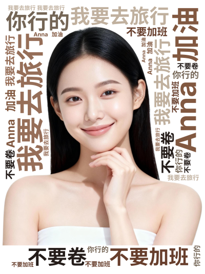 标签云:我要去旅行,不要卷,不要加班,Anna 加油,你行的,文字词云图-wenziyun.cn