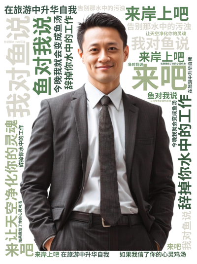 标签云:我对鱼说,来吧,来岸上吧,辞掉你水中的工作,在旅游中升华自我,告别那水中的污浊,让天空净化你的灵魂,鱼对我说,如果我信了你的心灵鸡汤,今晚我,文字词云图-wenziyun.cn
