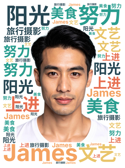 标签云:阳光,努力,文艺,James,上进,旅行摄影,美食,文字词云图-wenziyun.cn