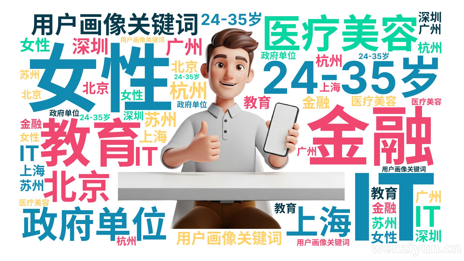 用户画像关键词,24-35岁,女性,金融,教育,IT,医疗美容,政府单位,北京,上海,广州,深圳,杭州,苏州,文字词云图-wenziyun.cn