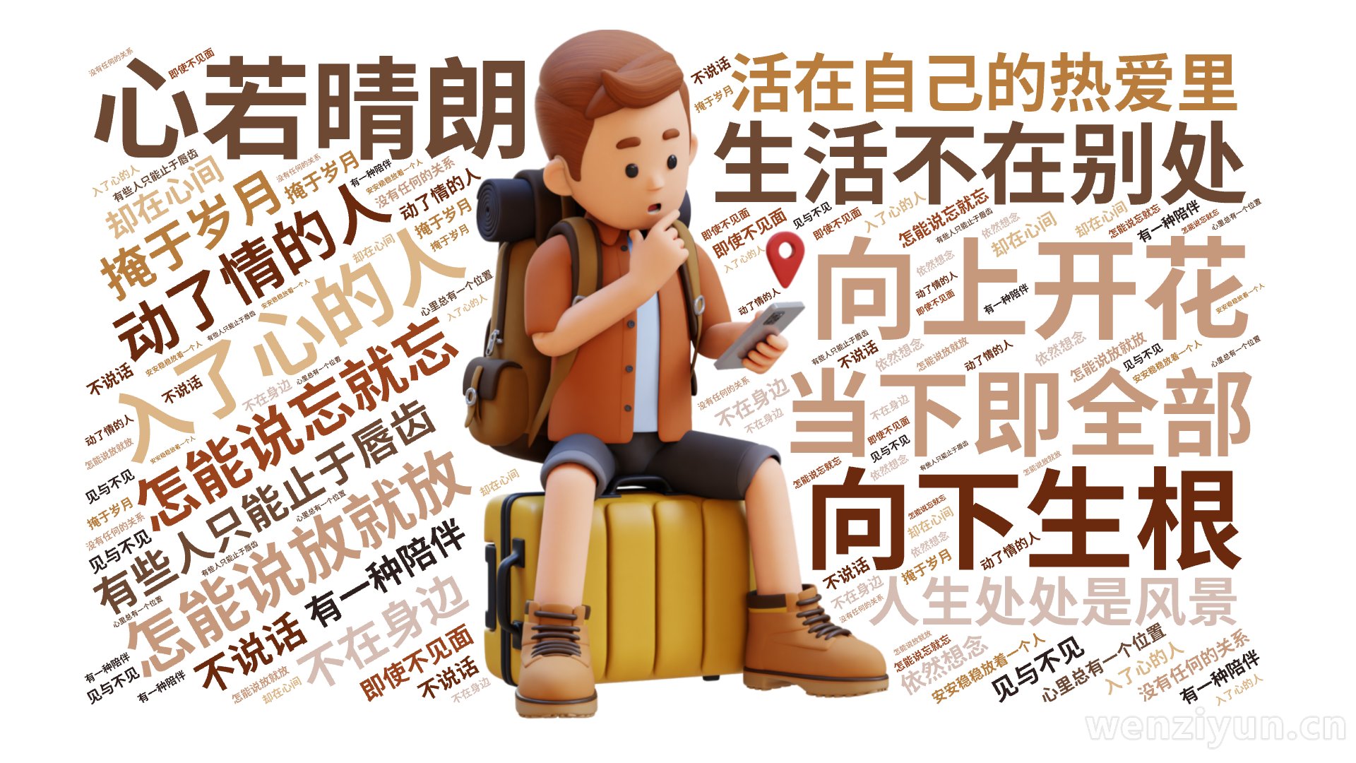 生活不在别处,当下即全部,活在自己的热爱里,向下生根,向上开花,心若晴朗,人生处处是风景,入了心的人,怎能说忘就忘,动了情的人,怎能说放就放,文字词云图-wenziyun.cn