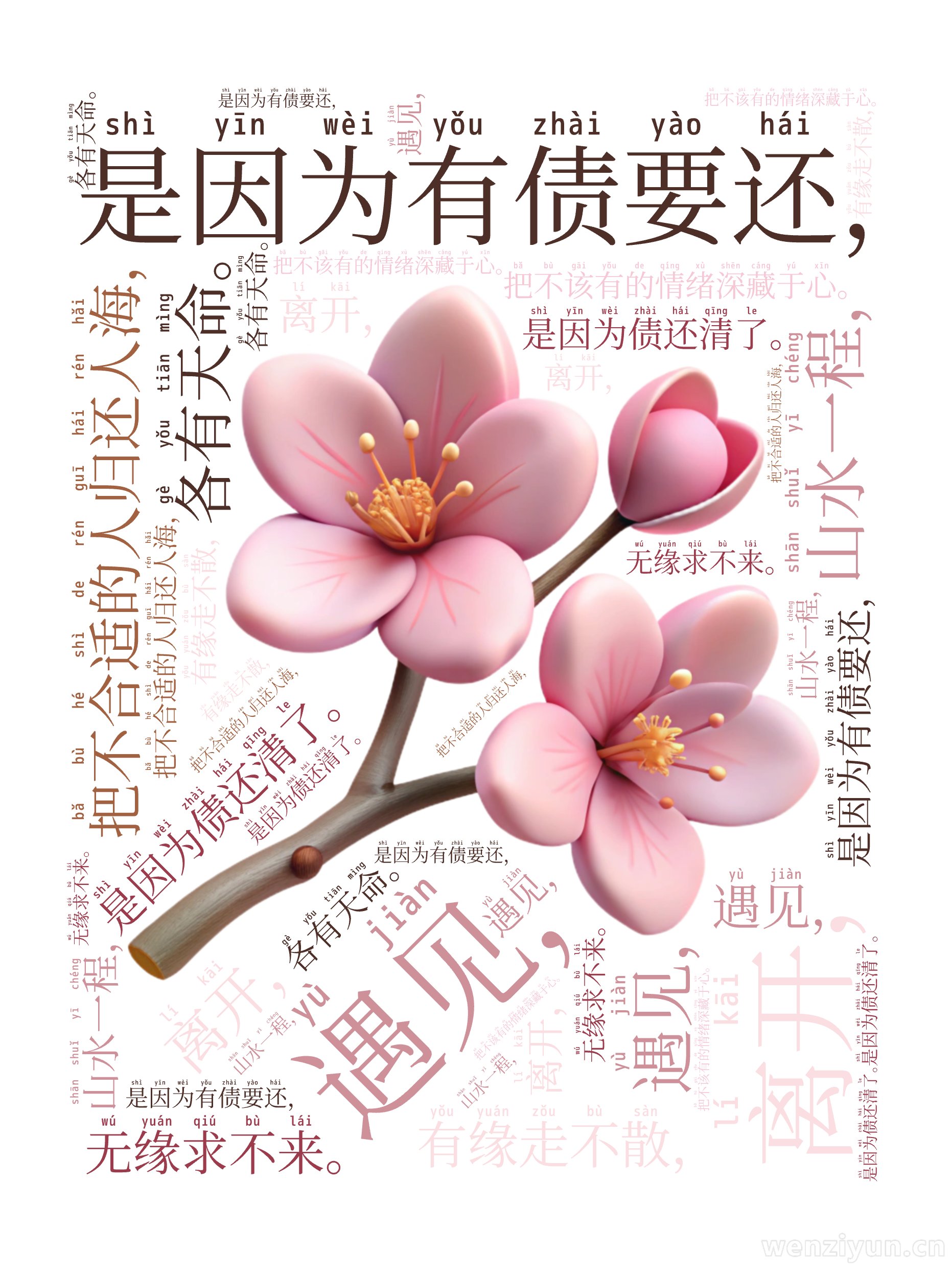 遇见，,是因为有债要还，,离开，,是因为债还清了。,把不合适的人归还人海，,把不该有的情绪深藏于心。,山水一程，,各有天命。,有缘走不散，,,文字词云图-wenziyun.cn