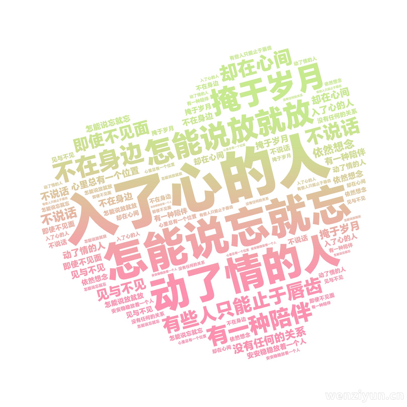 入了心的人,怎能说忘就忘,动了情的人,怎能说放就放,有些人只能止于唇齿,掩于岁月,有一种陪伴,不在身边,却在心间,即使不见面,不说话,没有任,文字词云图-wenziyun.cn