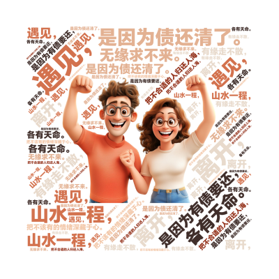 标签云:遇见，,是因为有债要还，,离开，,是因为债还清了。,把不合适的人归还人海，,把不该有的情绪深藏于心。,山水一程，,各有天命。,有缘走不散，,,文字词云图-wenziyun.cn