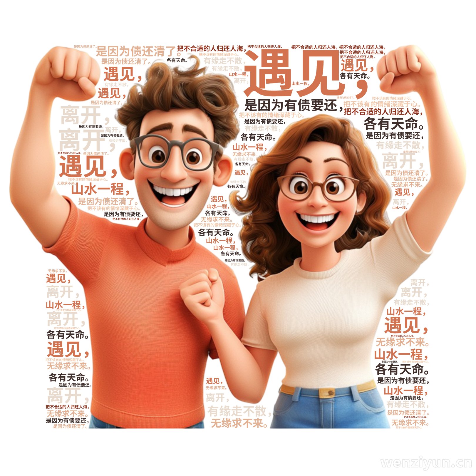 遇见，,是因为有债要还，,离开，,是因为债还清了。,把不合适的人归还人海，,把不该有的情绪深藏于心。,山水一程，,各有天命。,有缘走不散，,,文字词云图-wenziyun.cn