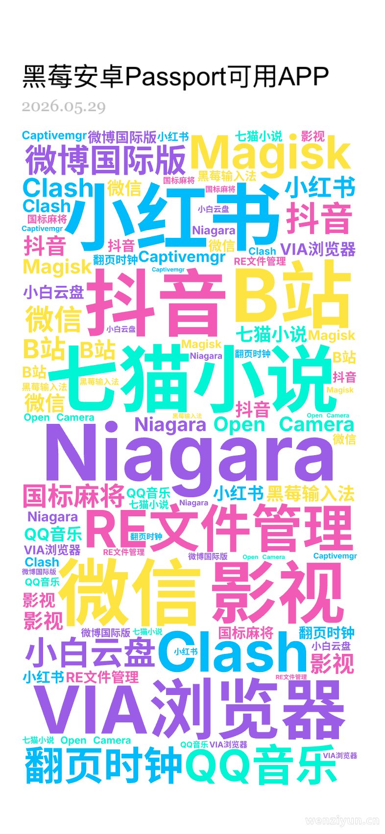 Niagara,抖音,微信,小红书,七猫小说,VIA浏览器,RE文件管理,Magisk,Clash,QQ音乐,微博国际版,影视,B站,翻页时,文字词云图-wenziyun.cn