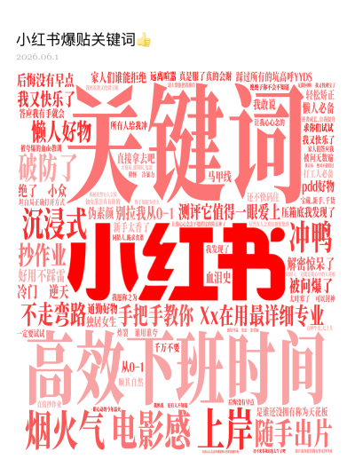 标签云:关键词,高效下班时间,上岸,电影感,Xx在用最详细专业,烟火气,随手出片,沉浸式,不走弯路,破防了,手把手教你,懒人好物,测评它值得一眼爱上,文字词云图-wenziyun.cn