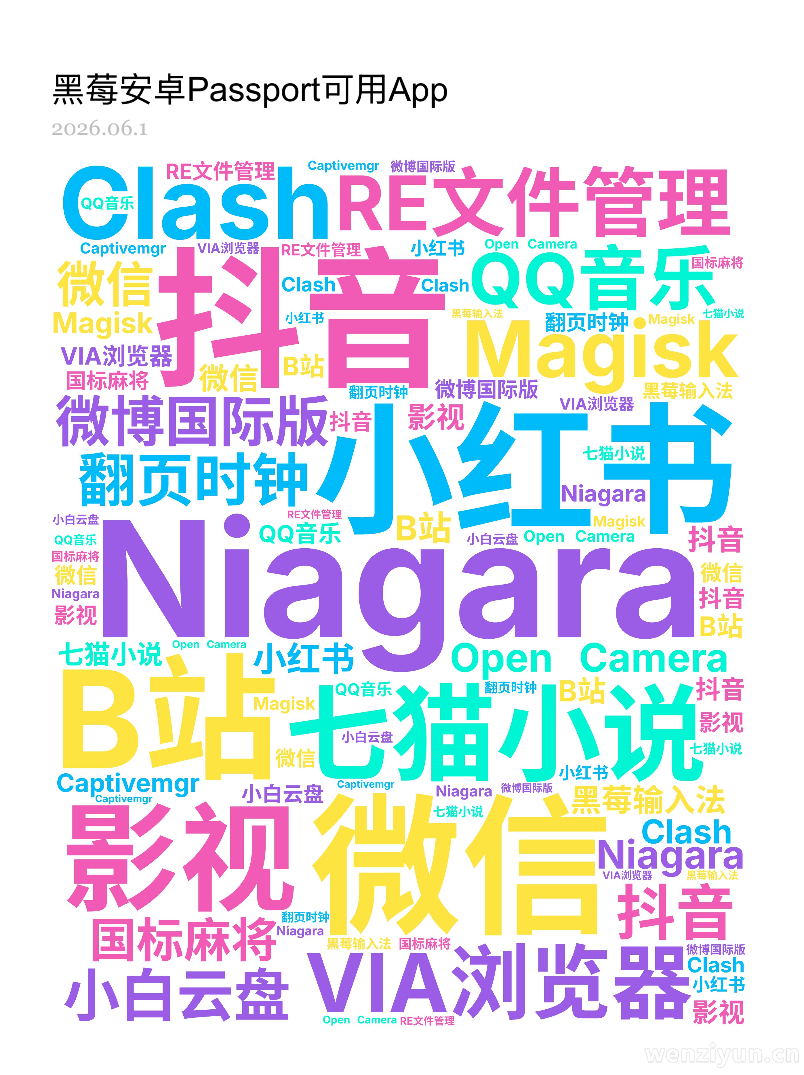 Niagara,抖音,微信,小红书,七猫小说,VIA浏览器,RE文件管理,Magisk,Clash,QQ音乐,微博国际版,影视,B站,翻页时,文字词云图-wenziyun.cn
