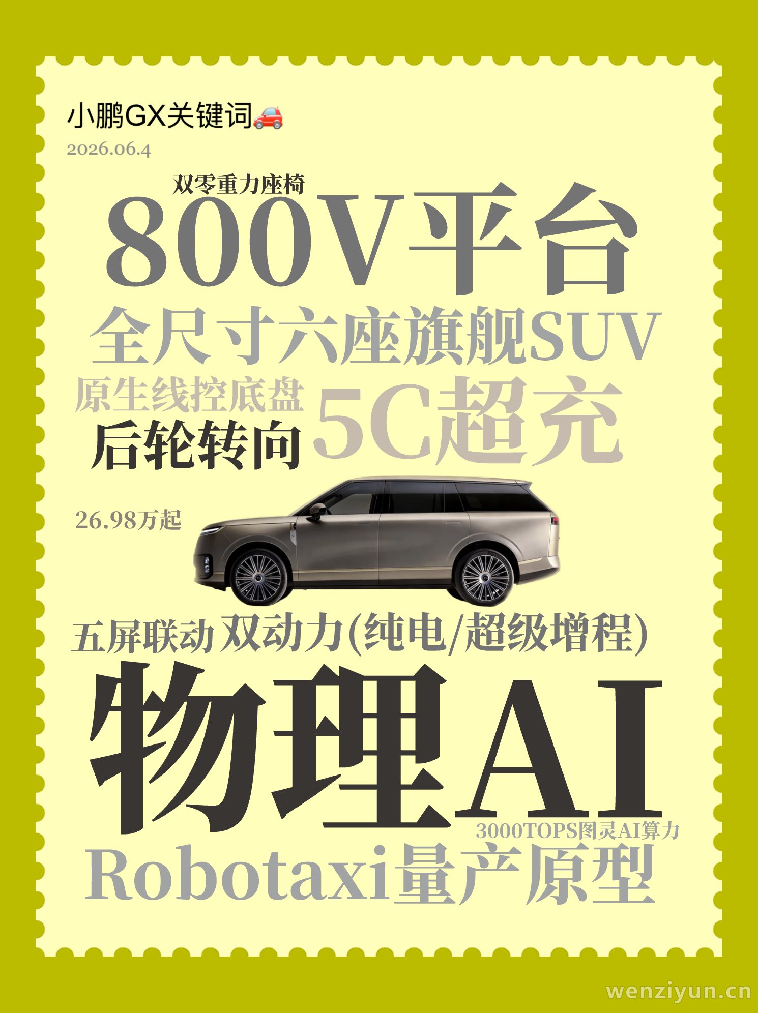 全尺寸六座旗舰SUV,物理AI,Robotaxi量产原型,800V平台,5C超充,双动力(纯电/超级增程),原生线控底盘,后轮转向,五屏联动,文字词云图-wenziyun.cn