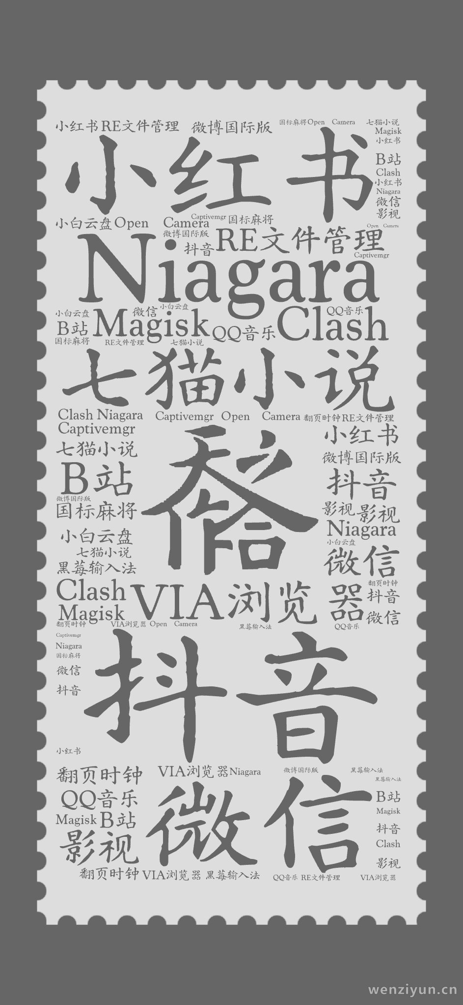 Niagara,抖音,微信,小红书,七猫小说,VIA浏览器,RE文件管理,Magisk,Clash,QQ音乐,微博国际版,影视,B站,翻页时,文字词云图-wenziyun.cn