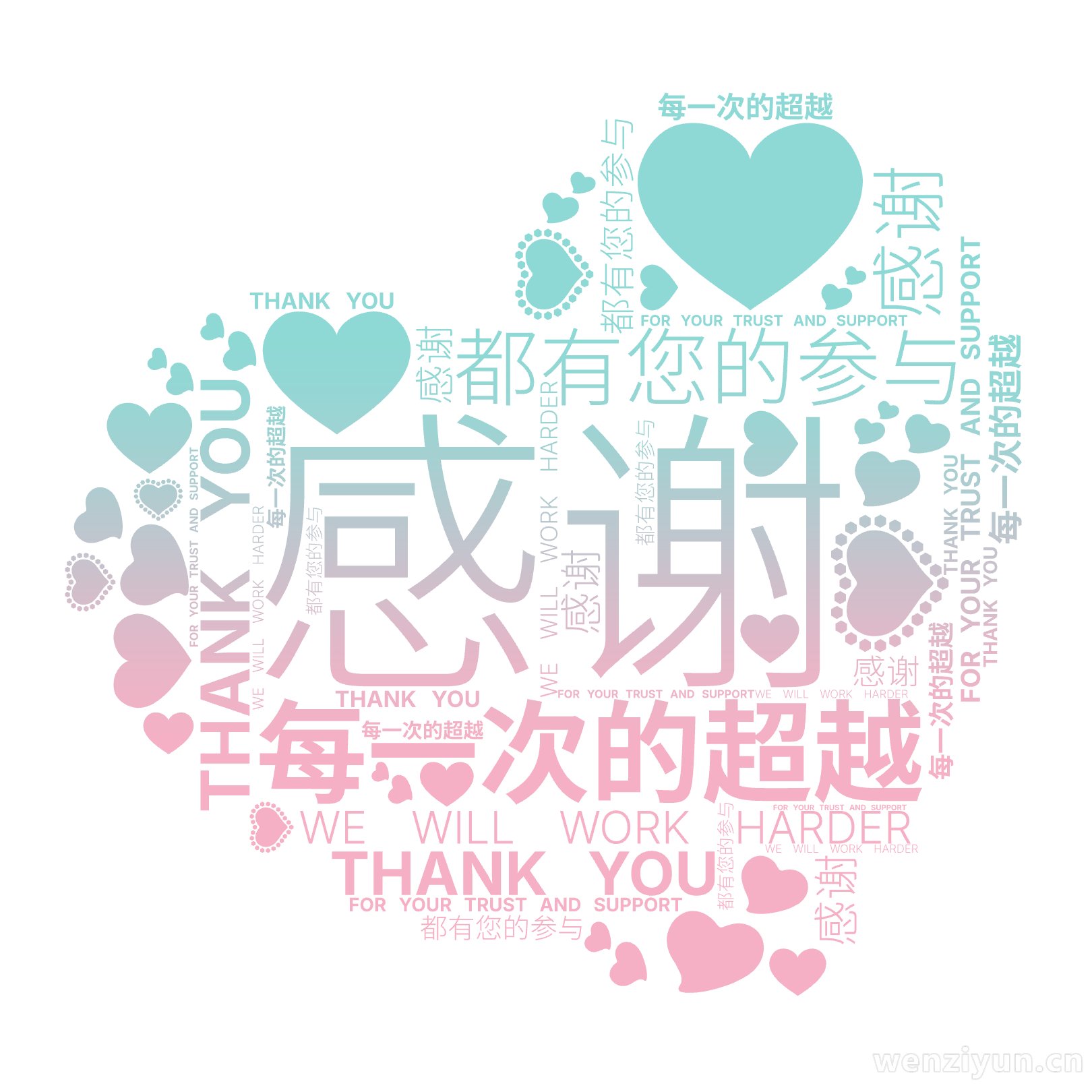 感谢,每一次的超越,都有您的参与,THANK YOU ,FOR YOUR TRUST AND SUPPORT,WE WILL WORK HA,文字词云图-wenziyun.cn