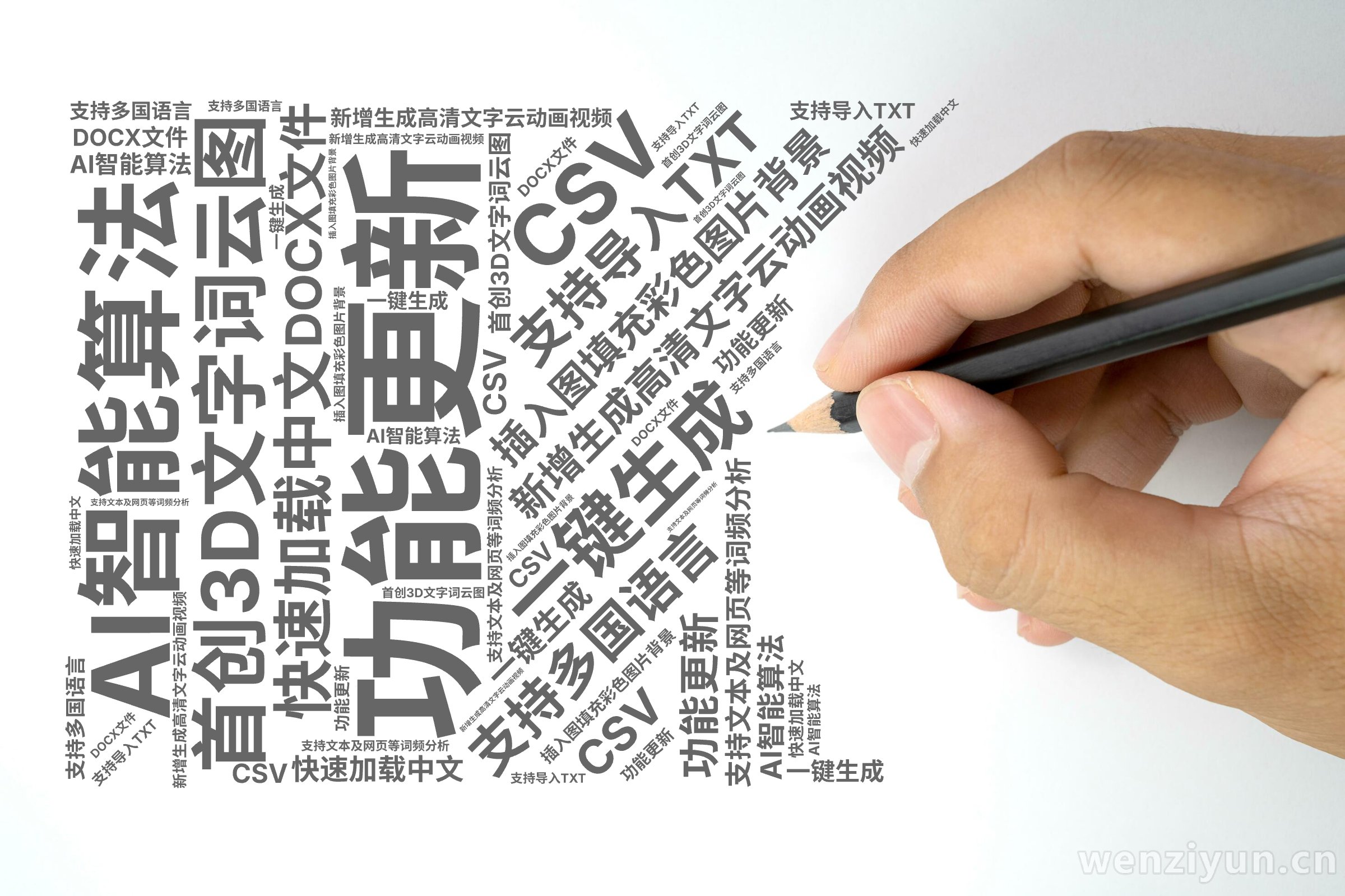 功能更新,新增生成高清文字云动画视频,插入图填充彩色图片背景,首创3D文字词云图,AI智能算法,一键生成,支持多国语言,快速加载中文,支持文,文字词云图-wenziyun.cn
